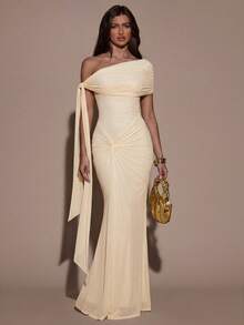 SHEIN BAE Women's Solid Color Twist Shoulder Design Fitted Dress - Apricot - View 1