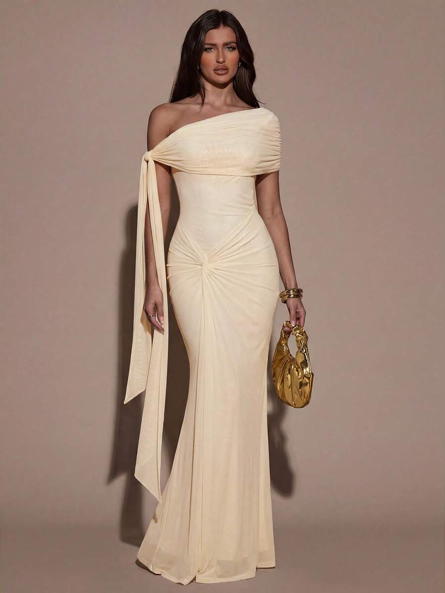 SHEIN BAE Women's Solid Color Twist Shoulder Design Fitted Dress - Apricot - View 1