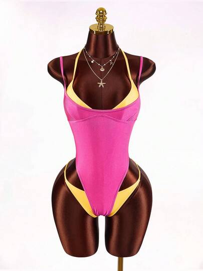 Amplova 1pc Women's Sexy Avant-Garde 2 In 1 Swimsuit, Contrasting Fuchsia And Yellow, Suitable For Beach Vacation Y2k Bikini Set Color Block Bikini Bright Swimsuit One Piece Swimsuit Women