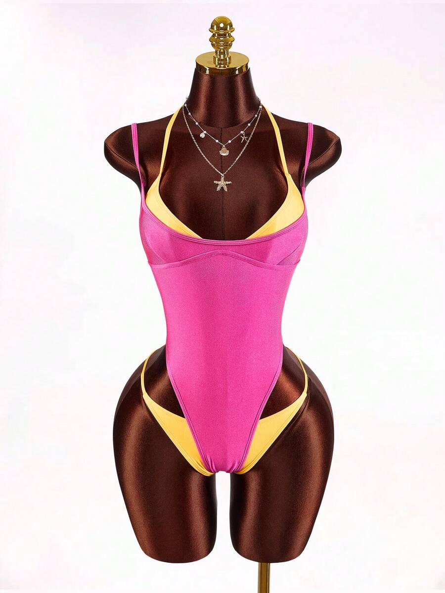 Amplova 1 bộ áo tắm nữ gợi cảm, phá cách, 2 trong 1, phối màu hồng cánh sen và vàng tương phản, thích hợp cho kỳ nghỉ biển.