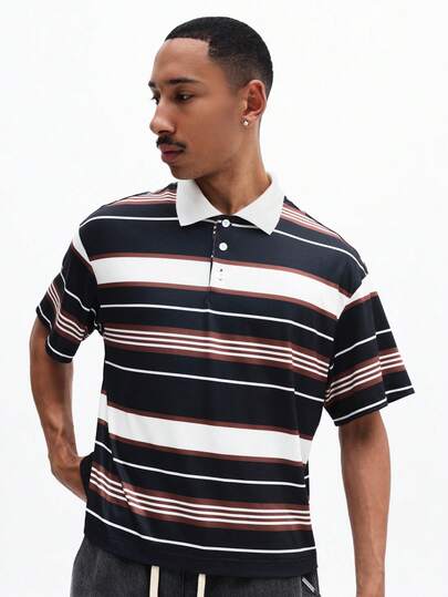 SUMWON Men's Casual Cropped Boxy Fit Striped Short Sleeve Polo Shirt With Classic Collar Multi Stripe Pattern Summer Top
