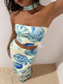 Opulessa 女士度假针织经典波点图案修身短款背心和低腰鱼尾裙两件套 - 彩色 - 查看 1