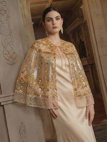 Anewsta Chal elegante con lazo y cuentas para mujer, color dorado - Albaricoque - Ver 1