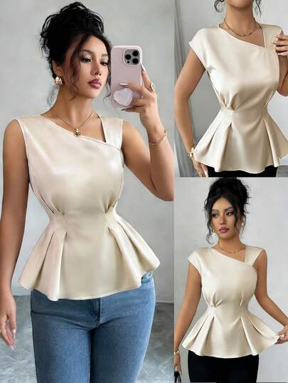 Elenzga 女士纯色褶皱时尚百搭约会/旅行衬衫