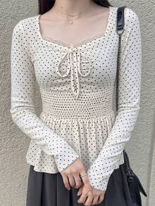 FRIFUL 女士休闲波点印花撞色蕾丝抽绳长袖T恤，春季 - 白色 - 查看 5