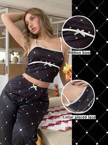 SHEIN 格子、波点和爱心图案休闲吊带背心和裤子睡衣套装（女士款） - 黑色 - 查看 2