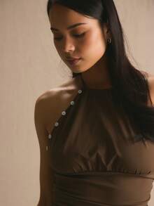 MUSERA Button Hem Detail Halterneck Co-Ord Top Only Spring Summer Cosy Cute Daily Girly Vacation Sunlight Social Festival - Chocolate Brown - View 2