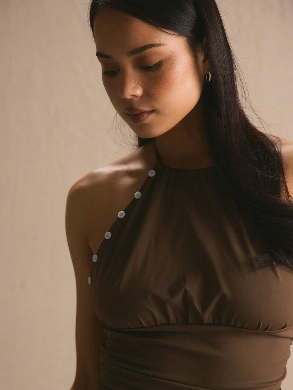 Top Coordenado com Detalhe de Barra de Botão, Decote Halter, Primavera Verão, Aconchegante, Fofo, Diário, Feminino, Férias, Luz Solar, Social, Festival, Feriado