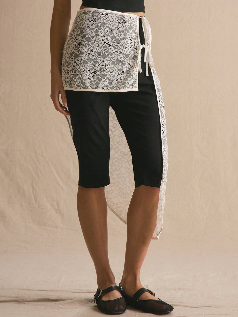Lace Layered Detail Capri Pants , Spring Summer Cosy Cute Daily Girly Vacation Spring Casual Holiday