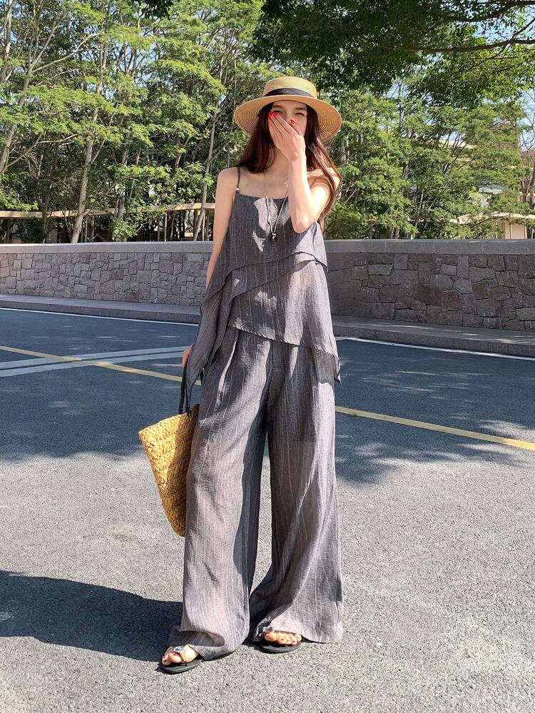 Women's Camisole Korean Style Shirt & Long Pants Two Pieces Set Lounge Sets For Women
