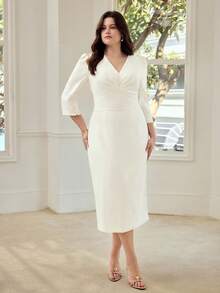 MOTF PREMIUM PLUS SIZE ELEGANT PUFF SLEEVE MIDI DRESS WITH FRONT PLEATS, ROMANTIC WEDDING GUEST DRESS - White - View 1