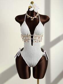 Zestiva Áo tắm liền thân màu trơn, họa tiết vỏ sò và sao biển, cổ chữ V sâu, hở lưng, buộc dây, thích hợp mặc ngoài trời. - trắng - Xem 3