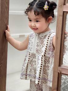 DAZY Baby Girl Casual Floral Print Sleeveless Shirt And Pants Set, Summer - Apricot - View 6