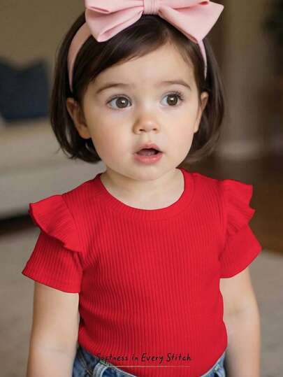 Cozy Pixies Baby Girl Solid Color Soft Knit Ruffle Trim Crew Neck Short Sleeve Top