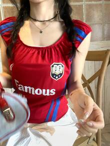 DAZY 女式韩版运动美式街头撞色条纹背心 - 紅色 - 查看 7