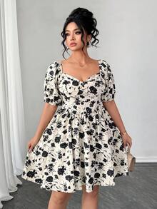 Elenzga 大码甜心领印花优雅短袖连衣裙 - 彩色 - 查看 4