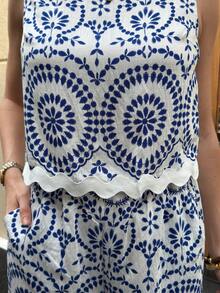 Solivie 女士度假休闲印花背心和短裤两件套 - 藍白色 - 查看 7