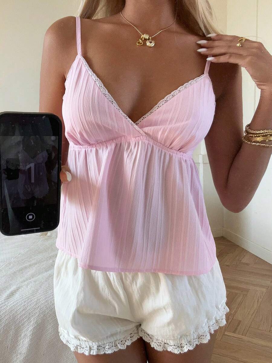 CovetEZ Women's Striped Print Lace Patchwork Casual Camisole Top - Pink - View 1