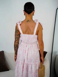 SAYEHFBABY French Elegant Ruched Waist Floral Print Flared Dress, Sleeveless Flowy Dress, Light Blue Floral Summer Dress - Pink - View 2