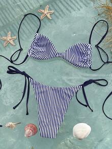 Swim Vcay New Arrival Spring/Summer Sexy Bikini Swimwear For Women, Blue Striped Halter - Blue - View 5