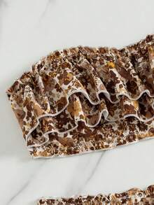 Swim Mod Women's Allover Print Bandeau Bikini Set, Low Waist Ruffle Skorts, Casual Vacation Swimwear - Brown - View 7