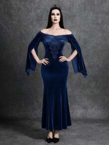Glisette Vestido de manga larga con hombros descubiertos de terciopelo negro vintage de punto para mujer, otoño/invierno - Dark Blue - Ver 6