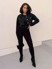 Alexandranx Crop Raw Hem Denim Jacket - Black - View 6