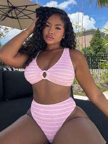 Alexandranx Women's Summer Beach Vacation Colorblock Striped Print Ruched Bandeau Bikini Set - Pink - View 5