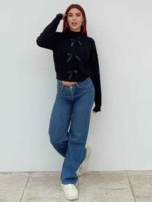 Bearsaez 女士舒适蝴蝶结纹理长袖套头毛衣，冬季针织套头衫 - 黑色 - 查看 5