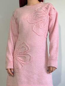 Bearsaez 女式花卉纹理落肩长袖休闲针织连衣裙，秋冬 - 粉色 - 查看 5