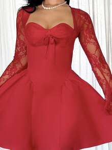 Vassilux 节日服装红裙圣诞派对舞会红色蕾丝长袖公主芭蕾舞短裙性感迷你连衣裙；秋季女装；节日派对礼服；新年前夜礼服；新年女装 - 紅色 - 查看 3