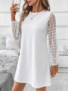 SHEIN Clasi 女士薄纱长袖纯色迷你连衣裙 - 白色 - 查看 6