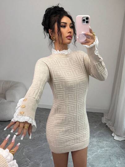 Selianne Spring/Summer Commuting Elegant Herringbone Raglan Sleeve Round Neck Lace Trim Apricot Knit Pullover Dress