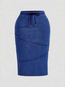 SHEIN MOD Falda vaquera azul con cordón para tallas grandes - Azul lavado oscuro - Ver 1