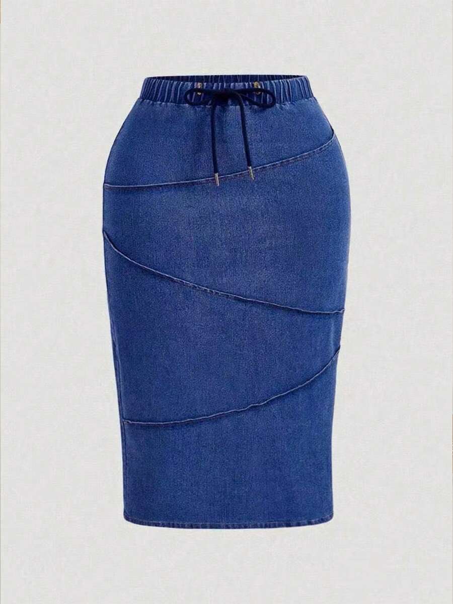 SHEIN MOD Falda vaquera azul con cordón para tallas grandes - Azul lavado oscuro - Ver 1