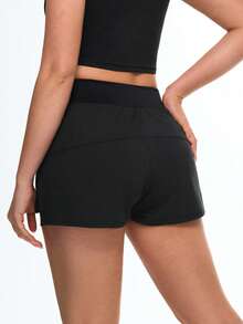 SHEIN Sports Eassivo 女士轻便宽腰带运动短裤 - 瑜伽户外训练跑步 - 黑色 - 查看 2