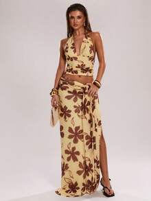 SHEIN BAE 女士休闲度假印花露背吊带网纱背心，适合休闲度假、海滩旅行、海滩度假村、休闲外出、音乐节、Y2K风格，性感印花背心，黄色印花背心 - 黃色 - 查看 5