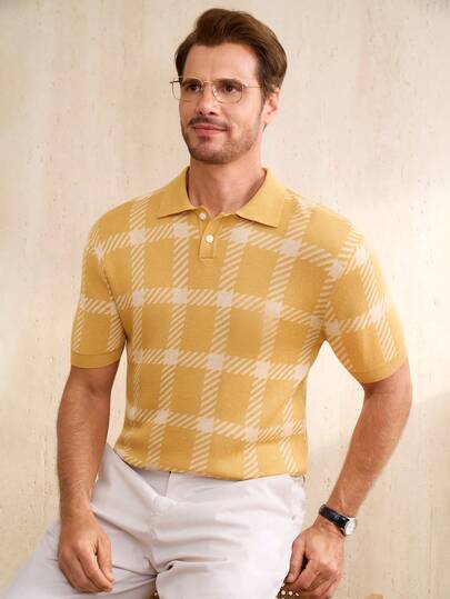 Manfinity CityGents Men's Short Sleeve Plaid Half-Placket Casual Knit Top