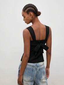 Gossip Girl X SHEIN SHEIN Maija MAIJA Summer Elegant Sexy Tie Front Backless Satin Slip Cami Top Going Out Night Out Outfits Summer Outfits Black Gold - Khaki - View 2