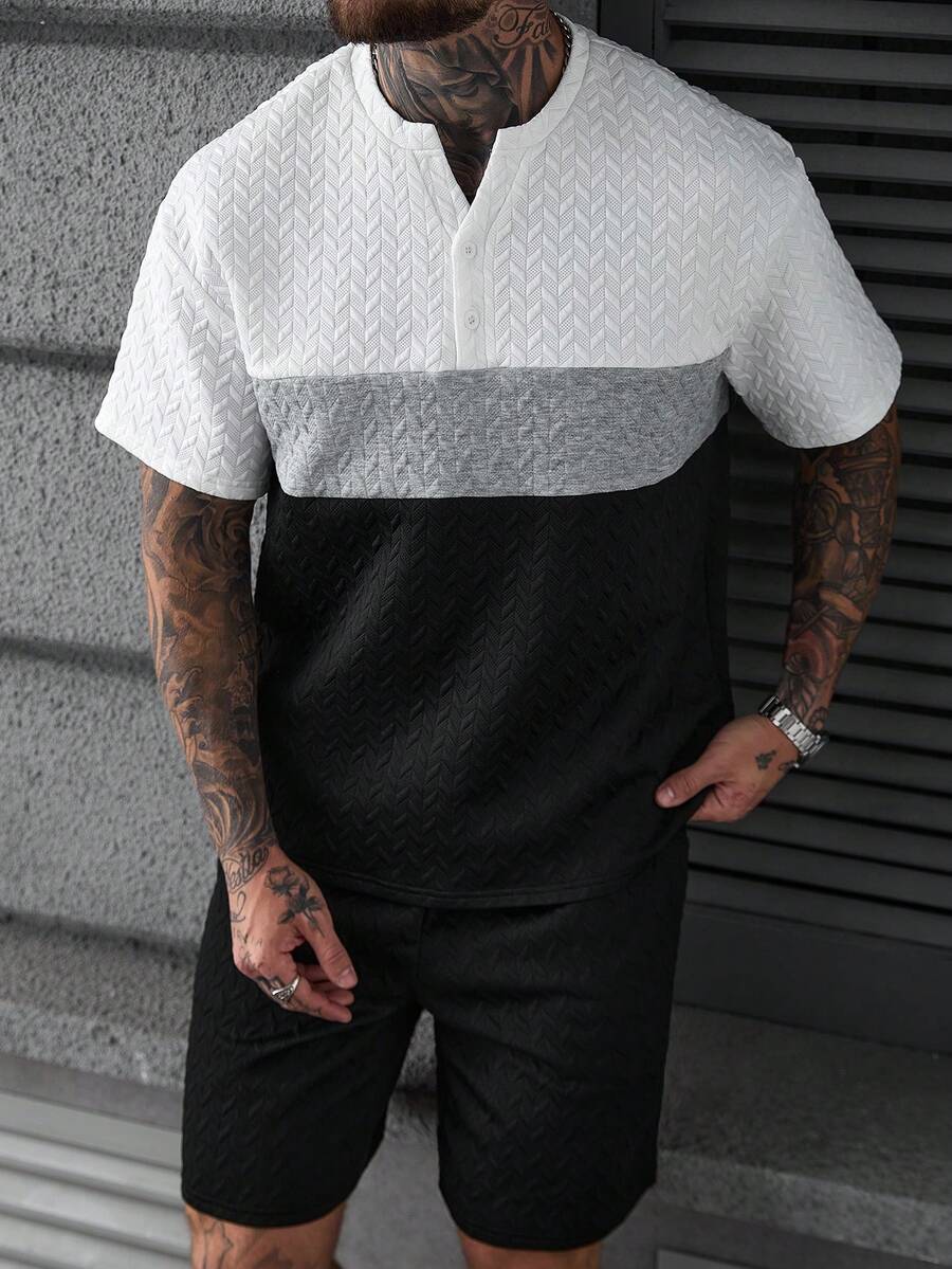 SLATEMANN 男士两件套T恤短裤套装，圆领，撞色设计，时尚夏季男士两件套短裤套装，男士夏季服装，男士T恤套装，男士两件套，男士两件套，男士复古风，日常休闲，周末旅行，户外活动，探险旅行，轻松的工作环境或半正式场合，男友/丈夫礼物，周年纪念/生日礼物，派对，夏季假期，婚礼，春夏，复活节，男士时尚撞色Polo衫短袖提花上衣，男士休闲夏季造型，男士黑白套装，男士夏季运动服，男士休闲两件套，男士街头服饰套装，男士黑色短裤套装 - 彩色 - 查看 1