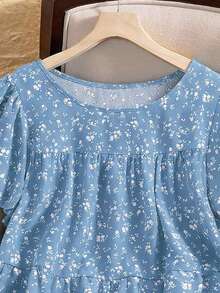 EMERY ROSE Plus Size Women Summer Casual Vacation Ditsy Floral Short Sleeve Babydoll Top - Blue - View 8