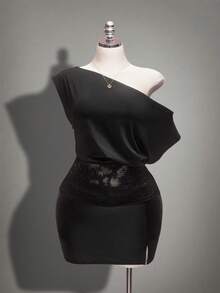 SHEIN ICON 大码女式蕾丝拼接斜肩上衣 - 黑色 - 查看 2
