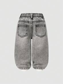 SHEIN Baby Girls' All-Match Minimalist Distressed Washed Straight Leg Jeans - Light Grey - View 2