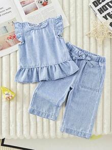 Toddler Girls' Casual Fashionable Minimalist Design Washed Blue Denim Set - Blue - View 3