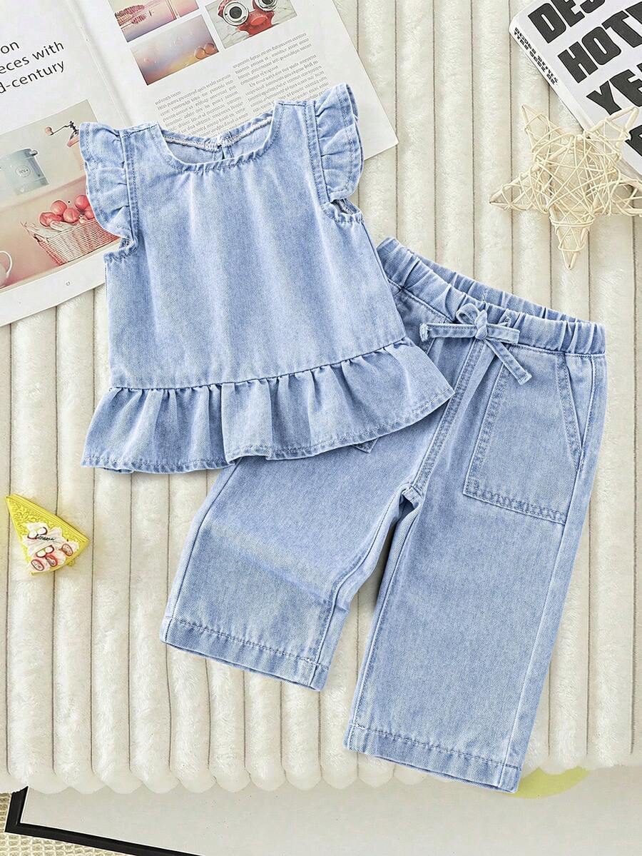 Toddler Girls' Casual Fashionable Minimalist Design Washed Blue Denim Set - Blue - View 1