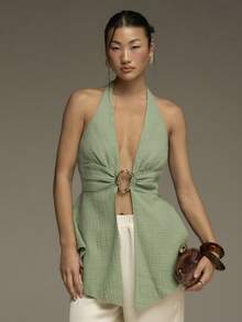 COSMINA 女士衬衫，性感女士夏季衬衫，沙滩度假女士衬衫，夏季女士衬衫，金属扣装饰，不对称下摆设计，褶皱设计，绿色女士衬衫 - 綠色 - 查看 1