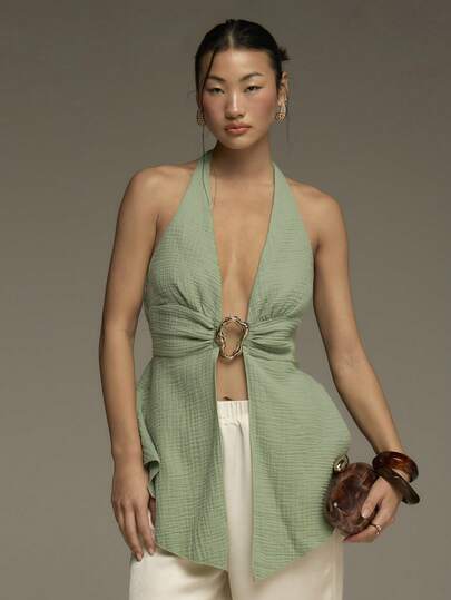 COSMINA Women's Blouse, Sexy Ladies' Summer Blouse, Beach Holiday Women's Blouse, Summer Women's, Metal Buckle Decor, Asymmetric Hem Design, Ruched Design, Green Women's Blouse Resort Dress,Summer Top Plunge Top Halter Top