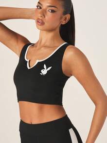 Missguided x Playboy 女士Logo V领背心，白色撞色滚边，运动休闲短款上衣 - 黑與白 - 查看 4