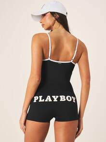 Missguided x Playboy 女士黑色无袖连体裤，白色撞色滚边logo印花吊带连身裤，夏季休闲装 - 黑色 - 查看 2