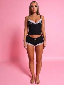 BABYPHAT Plus Size Lace Trim Cami Top With Text Print Black Lingerie Style Sleep Top - Black - View 5